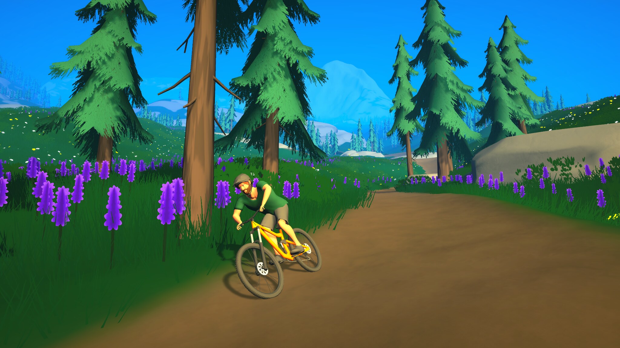 Mountain biker leaning through a flower-lined berm