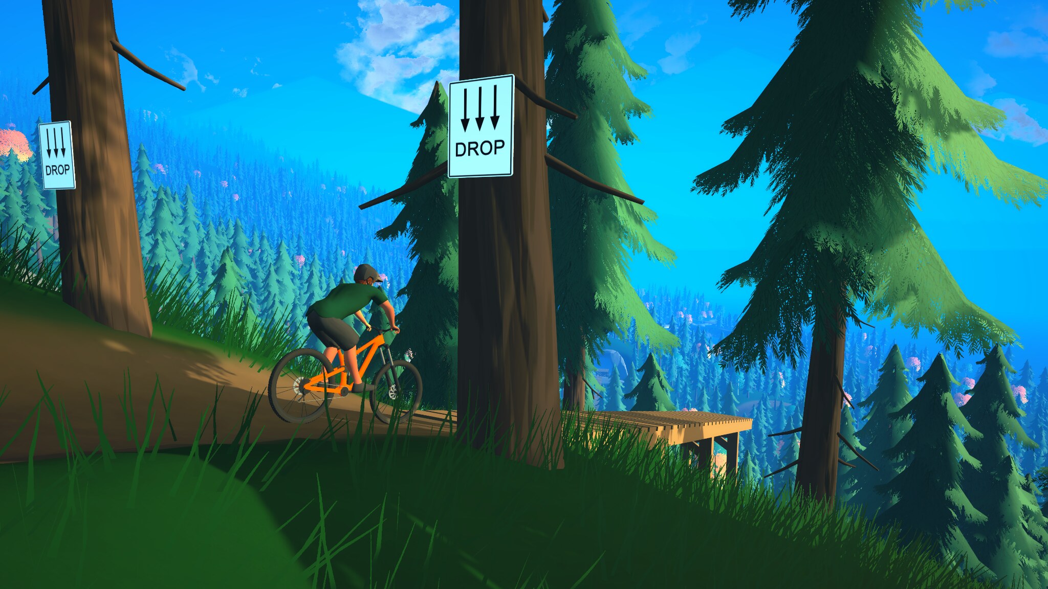 Mountain biker approaching a steep forest drop