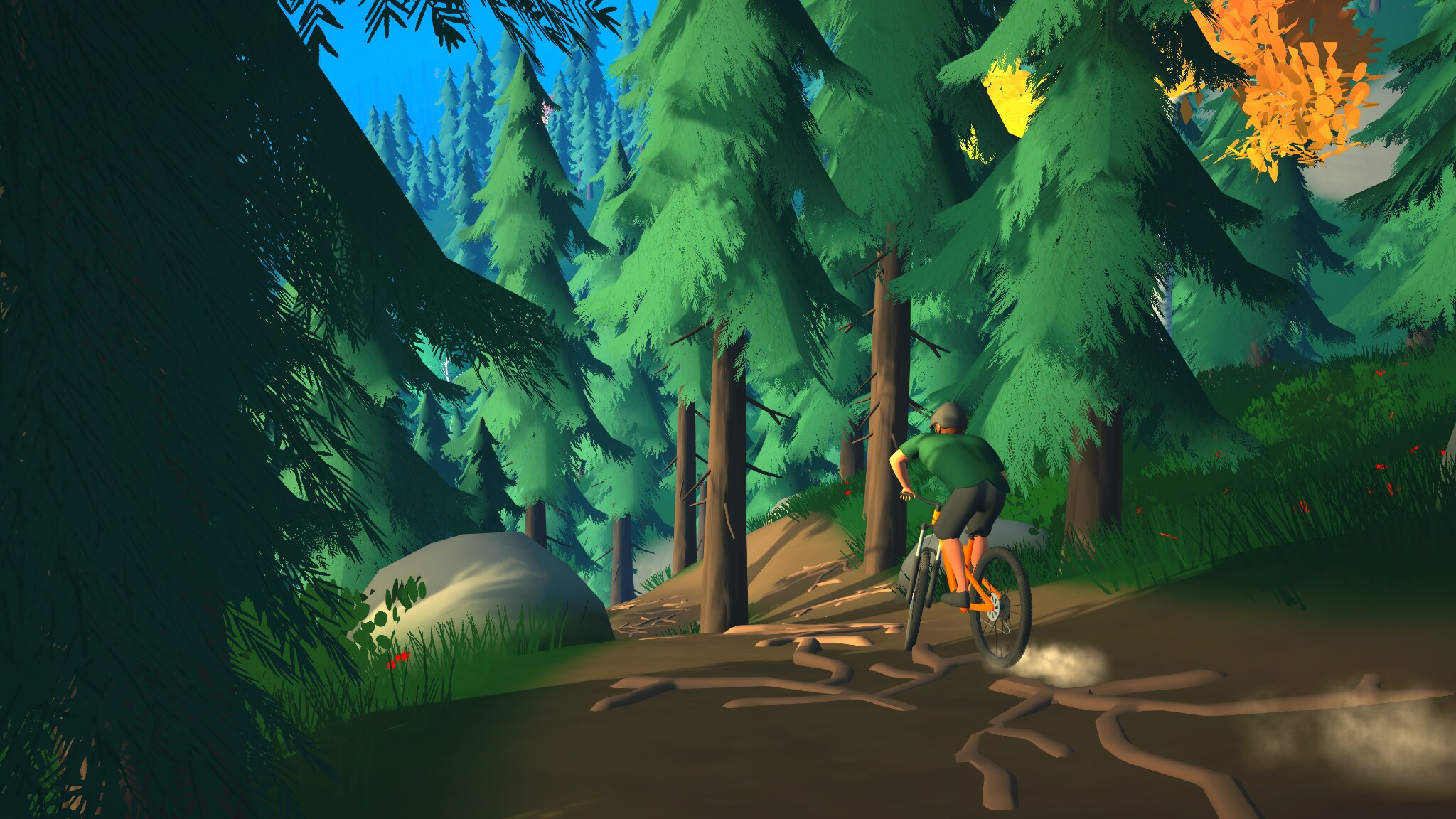 Mountain biker navigating roots on a technical forest trail